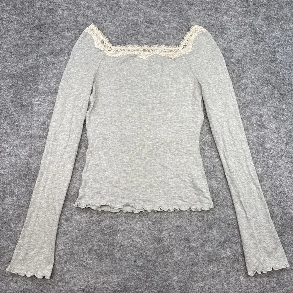 Free People Oh my Darling long sleeve top women's large gray lace trim dainty
